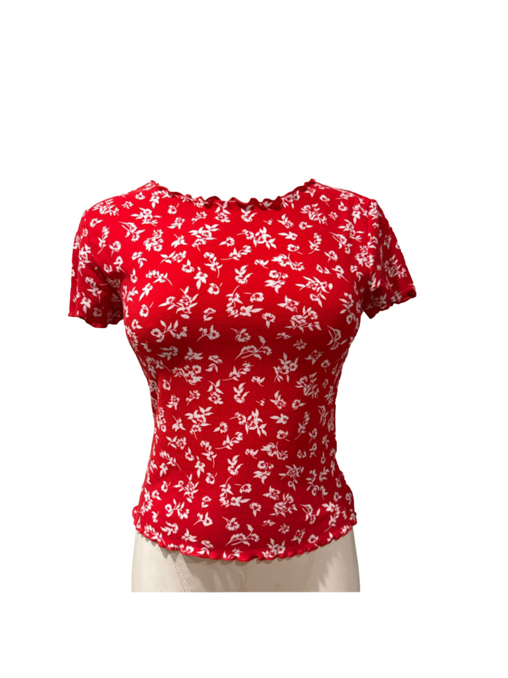 Junior's No Boundaries Short Sleeve Tee Small Red White Floral